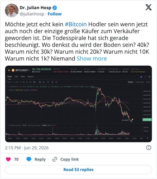 Der Autor kritisiert Bitcoin als wertlosen Memecoin, dessen Kurs durch angebliche Verkäufe von MicroStrategy (Saylor) und fehlenden inhärenten Nutzen in eine Todesspirale geraten sei, und bezeichnet das System als Ponzi-Schema.