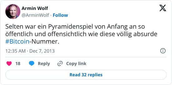 Der Autor bezeichnet Bitcoin als ein von Anfang an öffentliches und offensichtliches Pyramidenspiel.