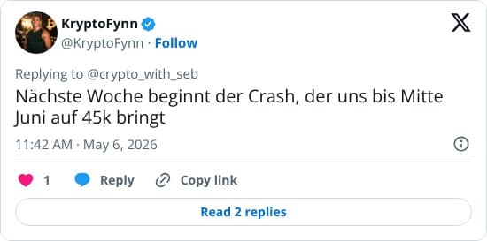 Der Autor behauptet, dass nächste Woche ein Crash beginnt, der den Kurs bis Mitte Juni auf 45.000 bringen wird.
