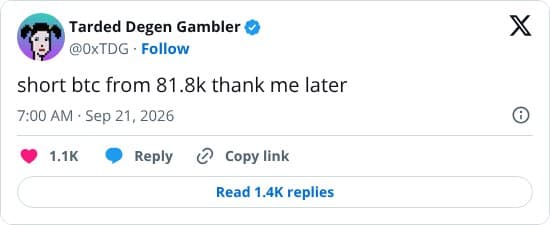 Der Autor kündigt an, Bitcoin bei 81.800 US-Dollar zu shorten, und deutet damit eine erwartete Kursbewegung nach unten an.