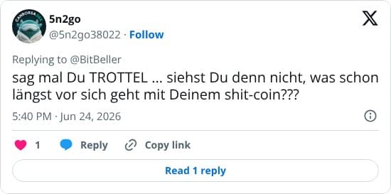 Beleidigende Kritik an Bitcoin als 'shit-coin' im Kontext einer Preissteigerung auf 1 Mio.