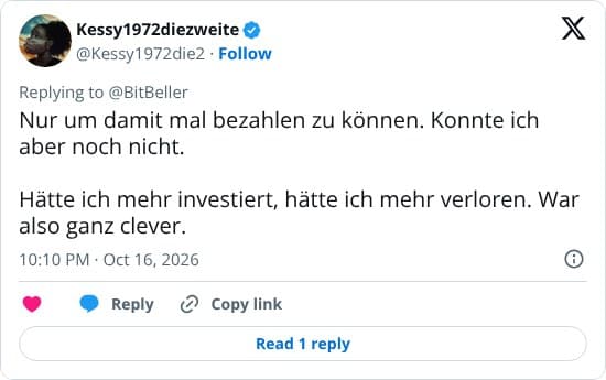 Der Autor sagt, dass er Bitcoin bisher nicht zum Bezahlen nutzen konnte, und bewertet einen geringeren Verlust als Vorteil gegenüber einer größeren Investition.