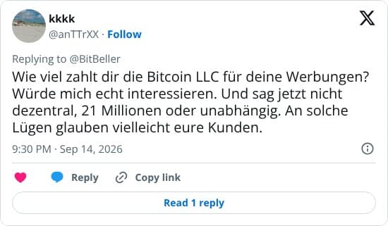 Der Autor unterstellt, dass Bitcoin-Werbung von einer „Bitcoin LLC“ bezahlt werde, und bezeichnet Aussagen über Dezentralität, 21 Millionen und Unabhängigkeit als Lügen.